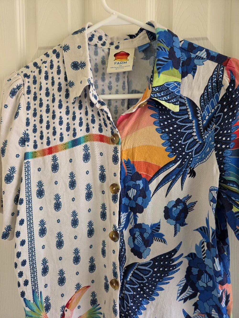 FARM Rio Surf Button Down Shirt Anthropologie Colorful Tropical Print Top XS - Picture 5 of 7